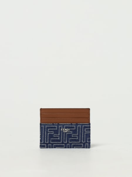 Portacarte di credito FF Fendi in pelle e denim con monogram jacquard