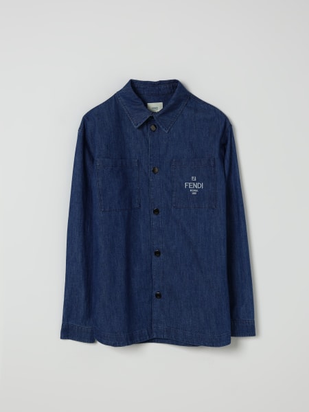 Camicia in denim di cotone con logo ricamato Fendi