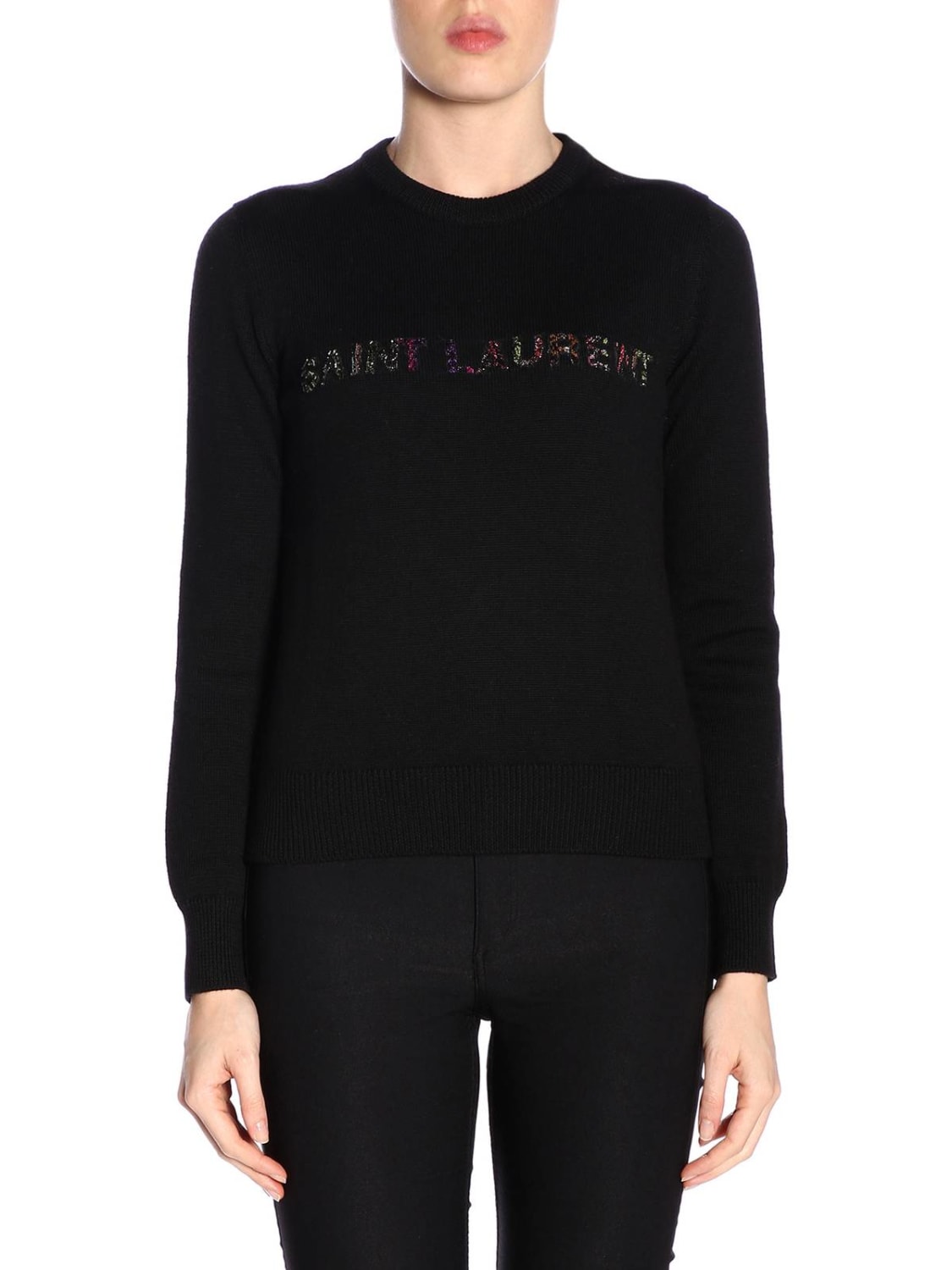 SAINT LAURENT MAGLIA: Maglia a girocollo basic con logo Saint Laurent gioiello, Nero - Img 1