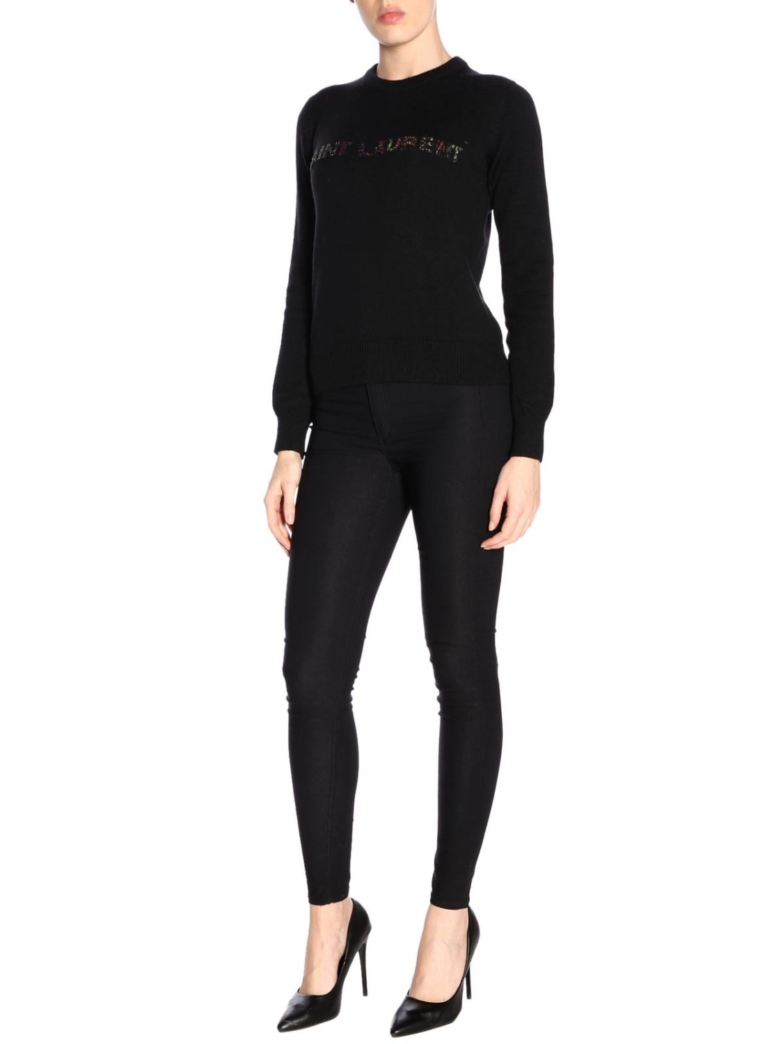 SAINT LAURENT MAGLIA: Maglia a girocollo basic con logo Saint Laurent gioiello, Nero - Img 5