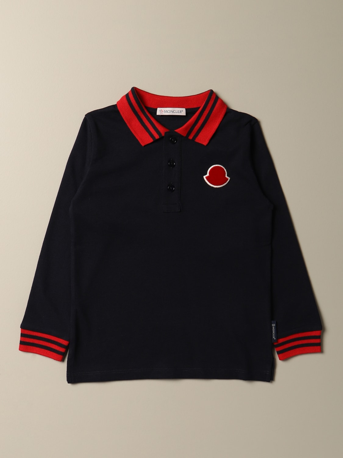 MONCLER T-SHIRT: Moncler polo shirt in cotton piqué with striped edges and logo, Blue - Img 1