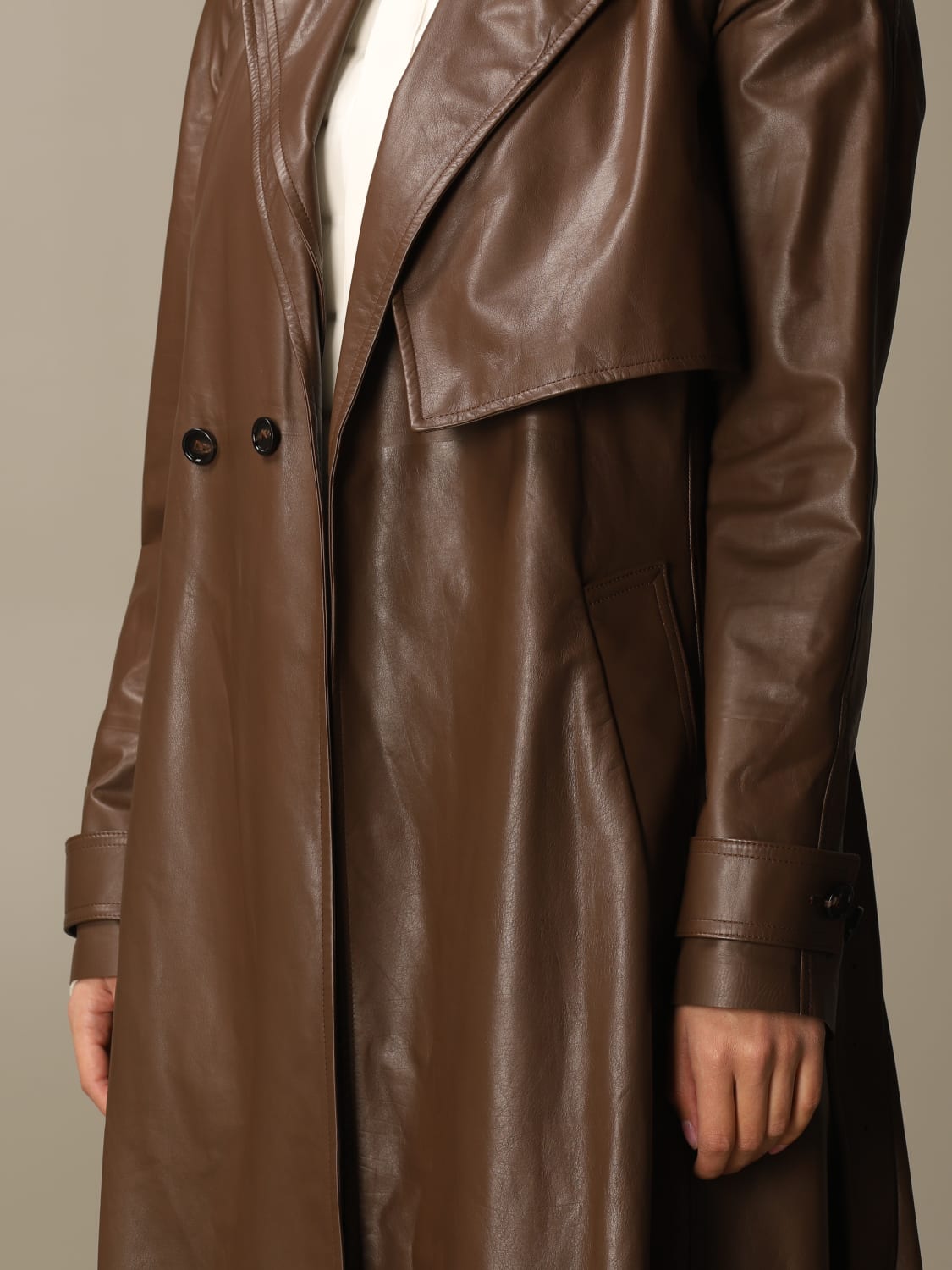 BOTTEGA VENETA TRENCH: Trench in pelle con cintura Bottega Veneta, Moro - Img 5