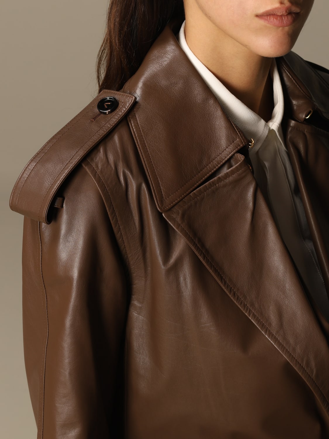 BOTTEGA VENETA TRENCH: Trench in pelle con cintura Bottega Veneta, Moro - Img 6