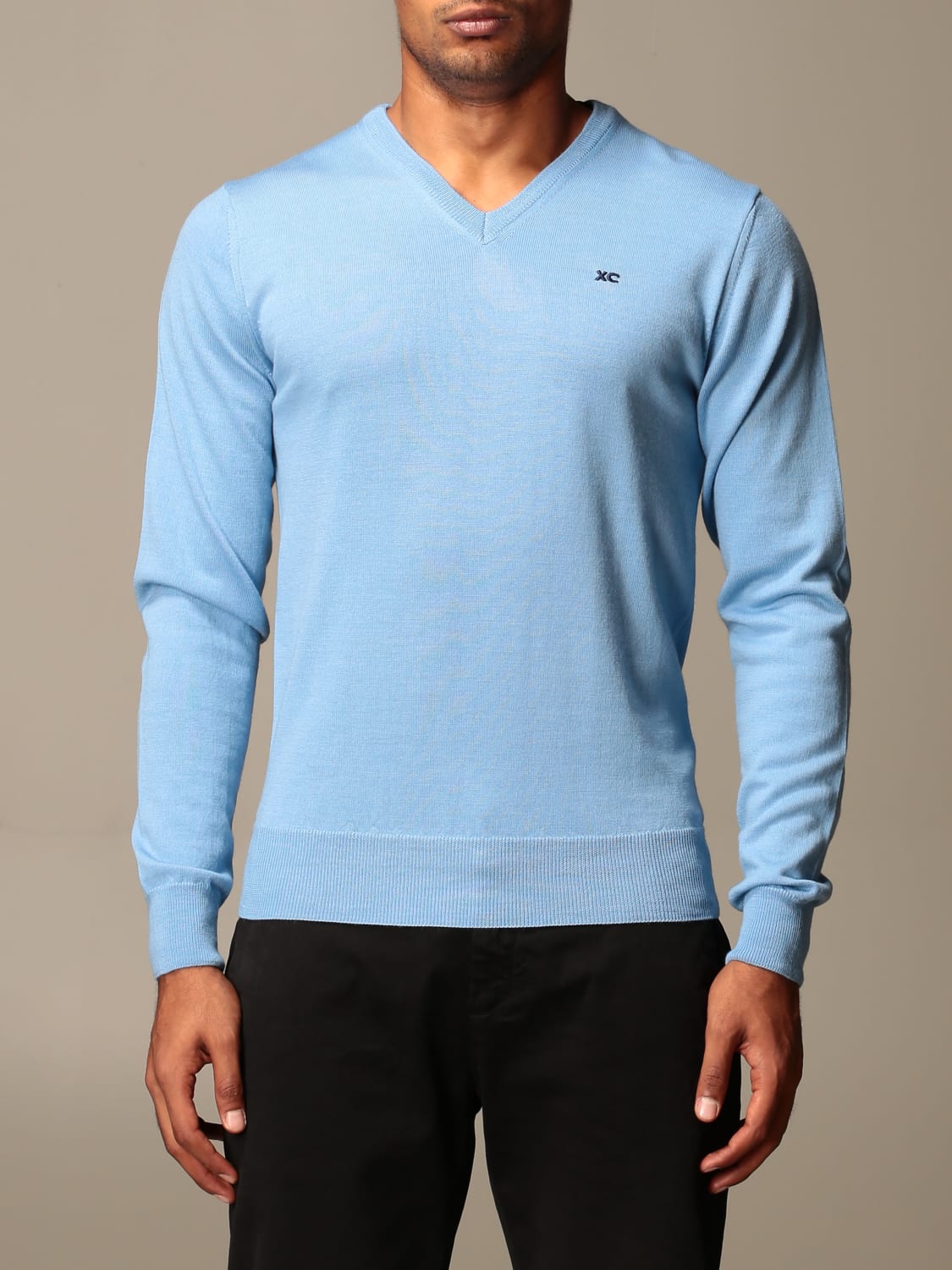 XC SWEATER: XC V-neck sweater in extrafine Merino wool, Sky Blue - Img 1