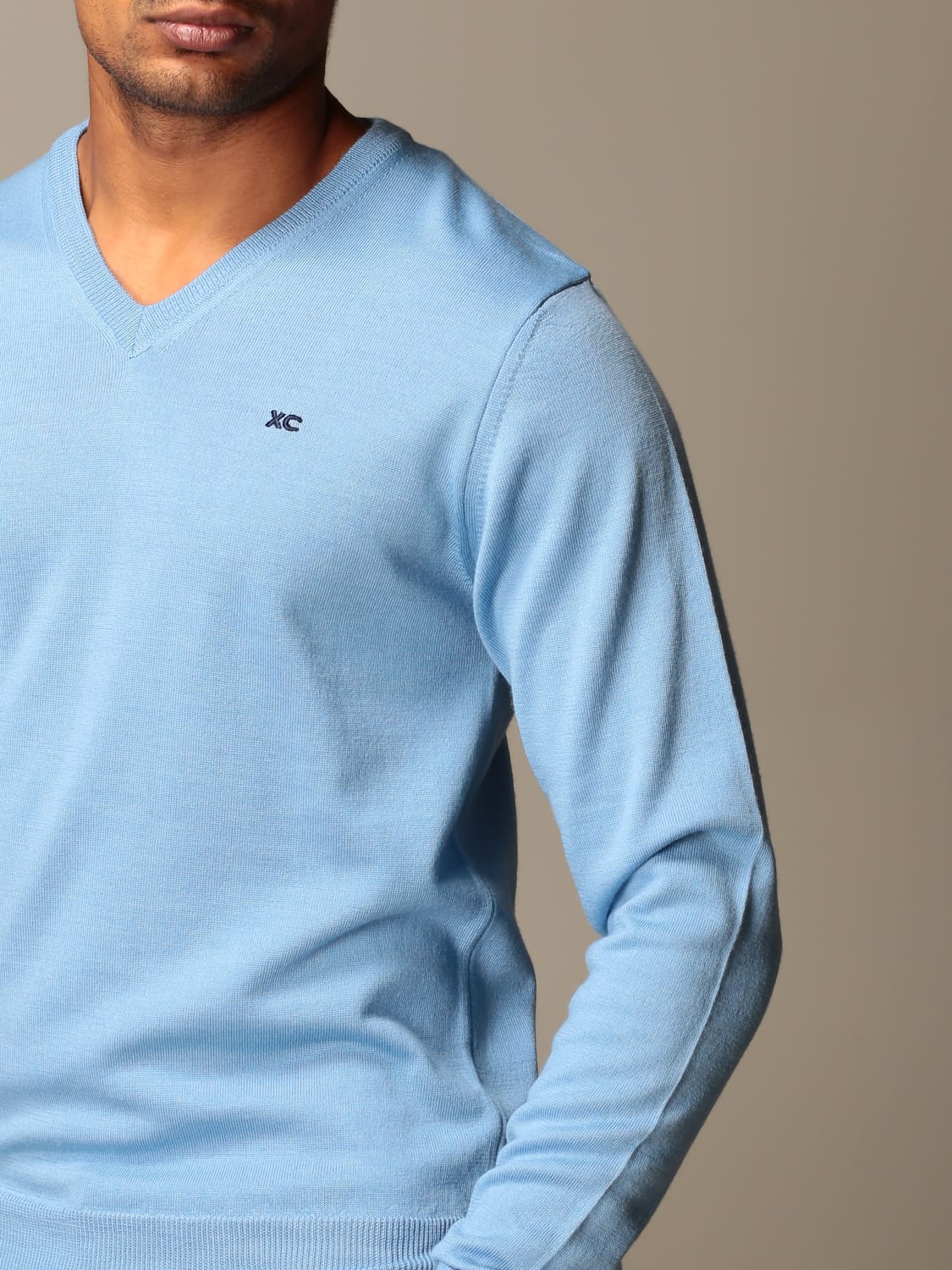 XC SWEATER: XC V-neck sweater in extrafine Merino wool, Sky Blue - Img 3