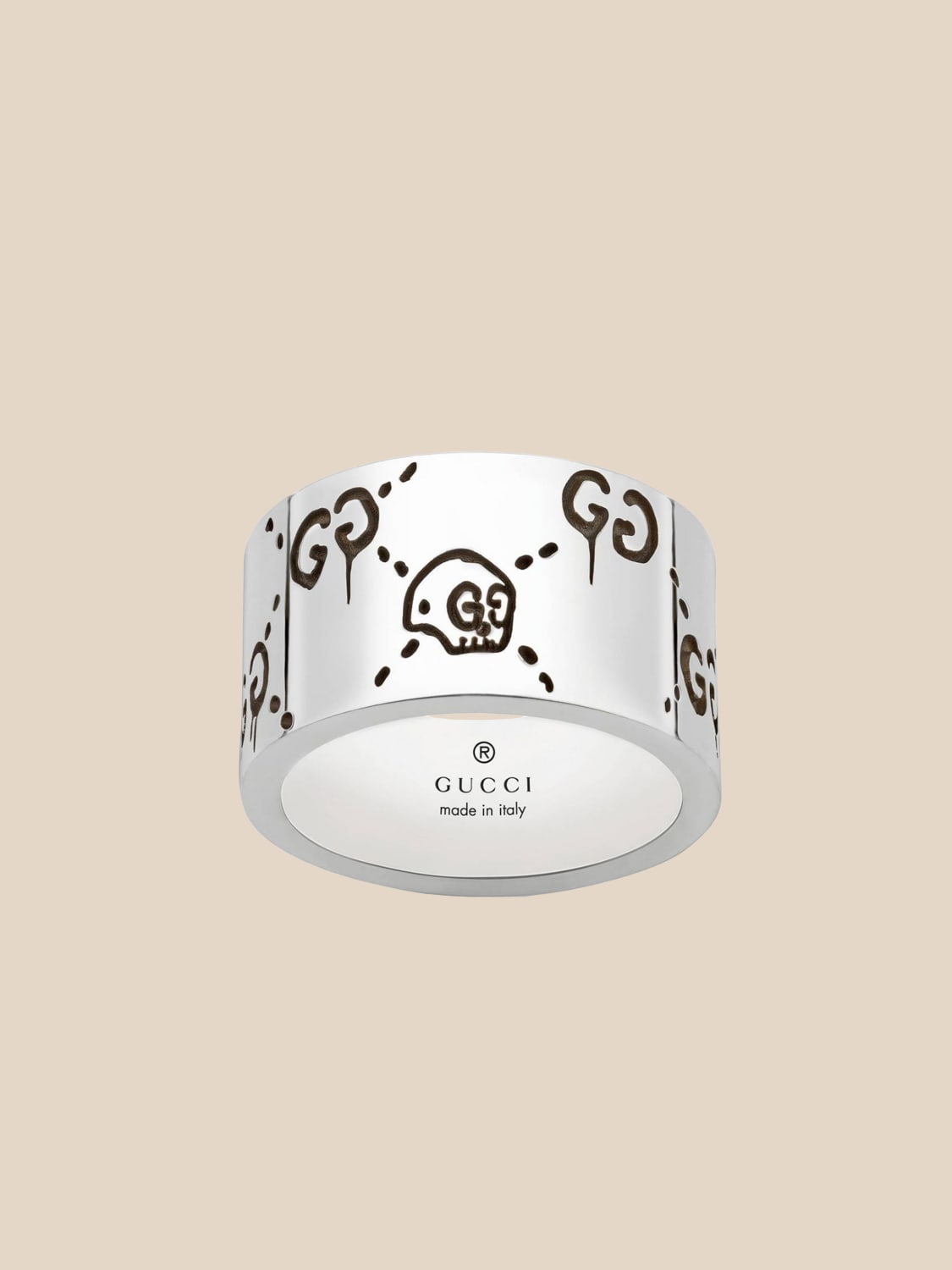 GUCCI GIOIELLI: Anello Gucci Ghost 12 mm in argento con finitura aureco, Argento - Img 1