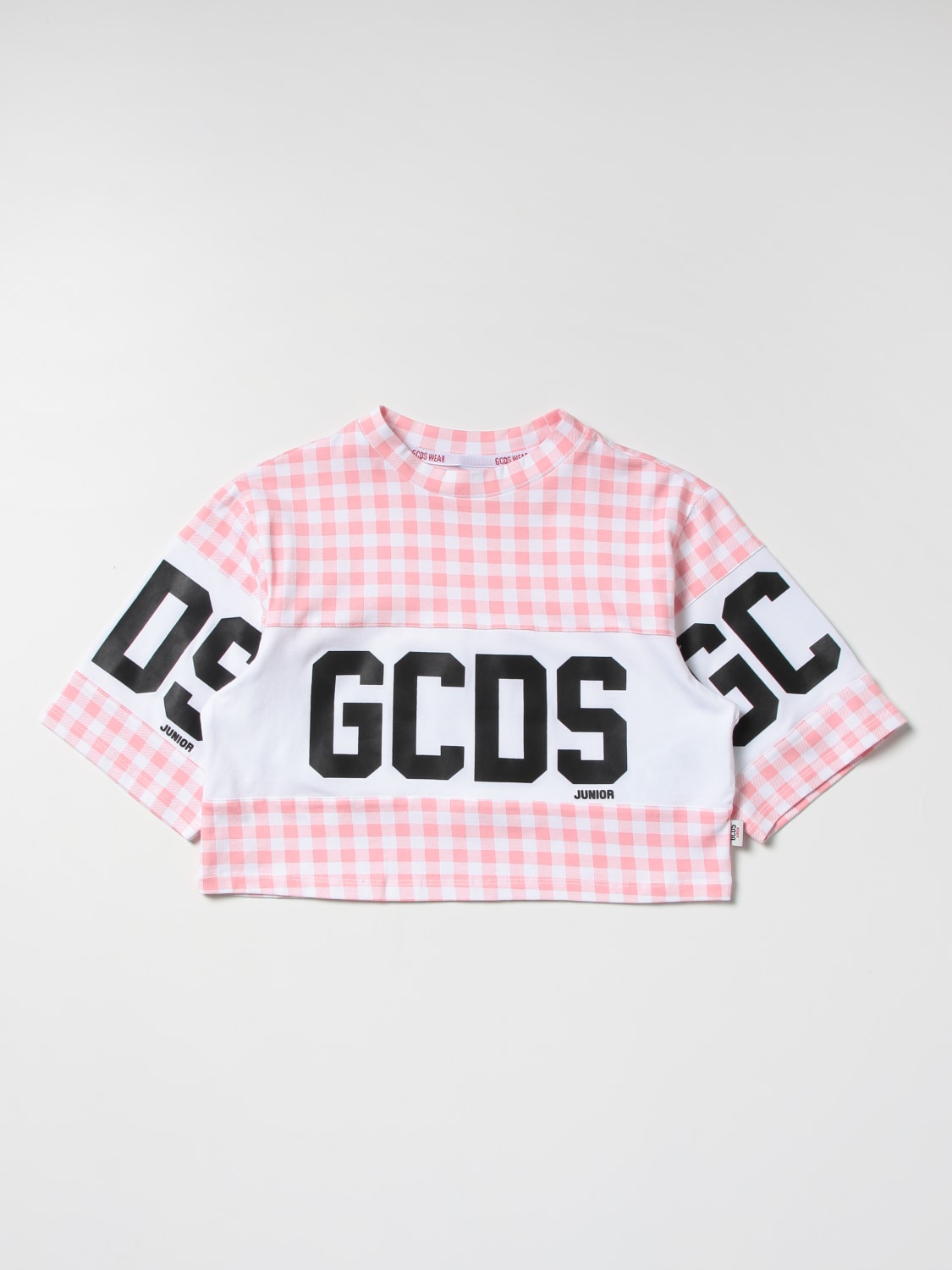 GCDS Junior Outlet GCDS cropped t shirt with logo Pink GCDS Junior t shirt DDM005LBB1A online at GIGLIO.COM