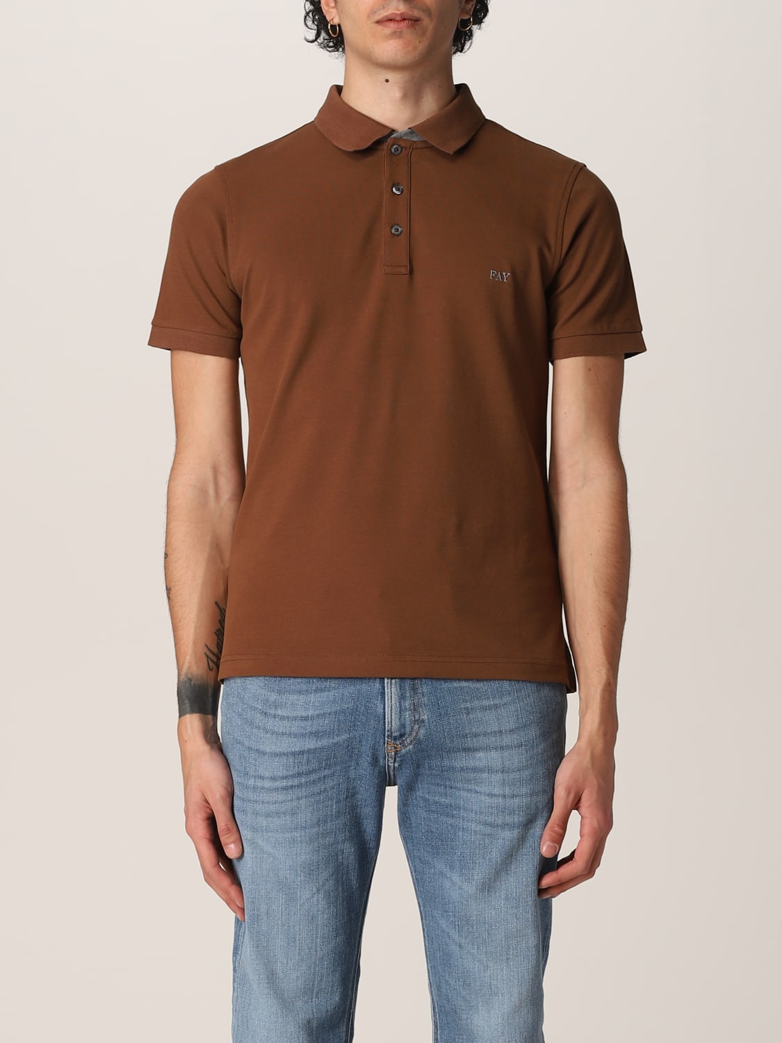 FAY POLO SHIRT: Fay stretch cotton polo shirt with logo, Brown - Img 1
