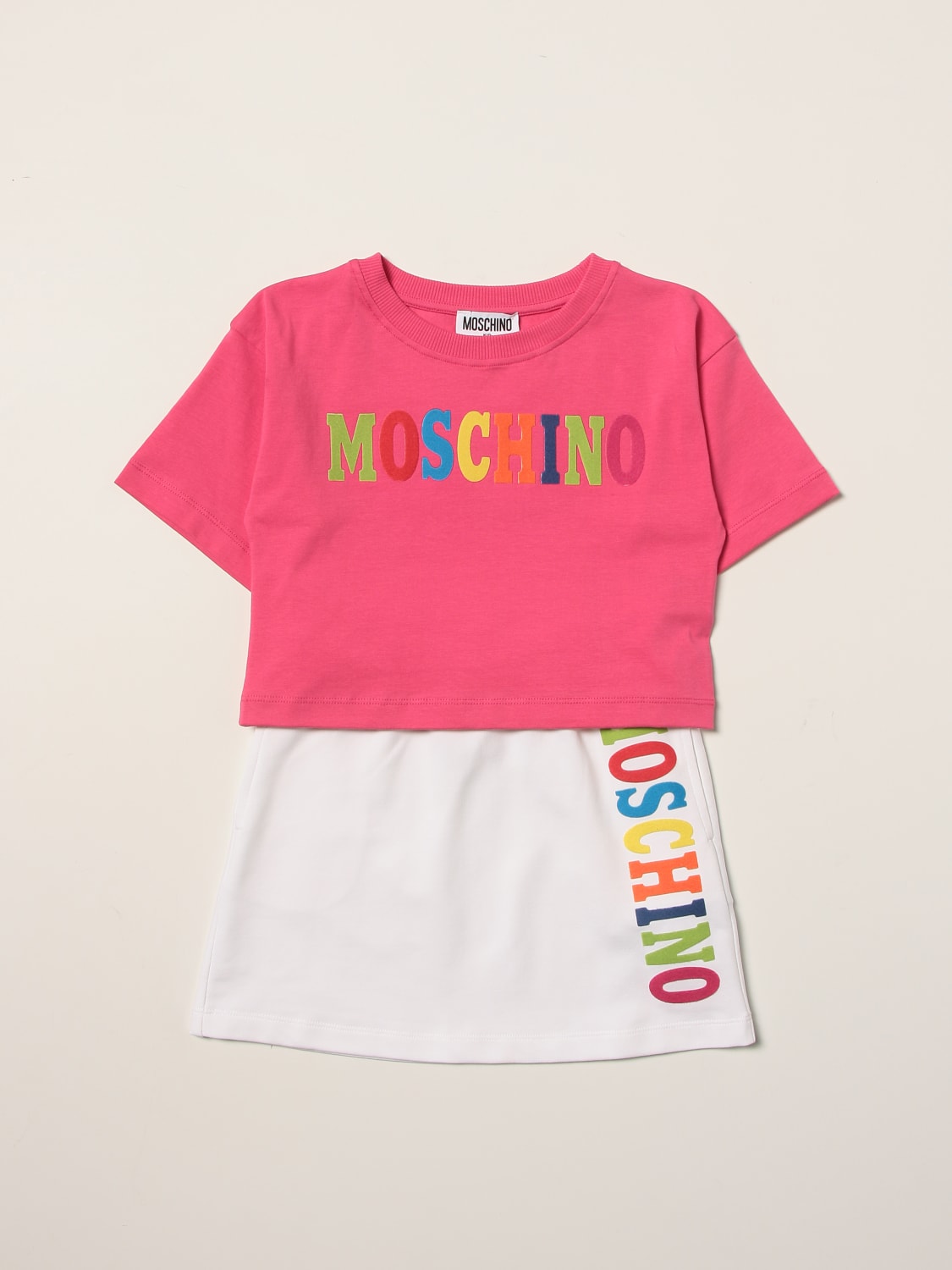 MOSCHINO CO-ORDS: Moschino Kid t-shirt + skirt with multicolor logo, Pink - Img 1