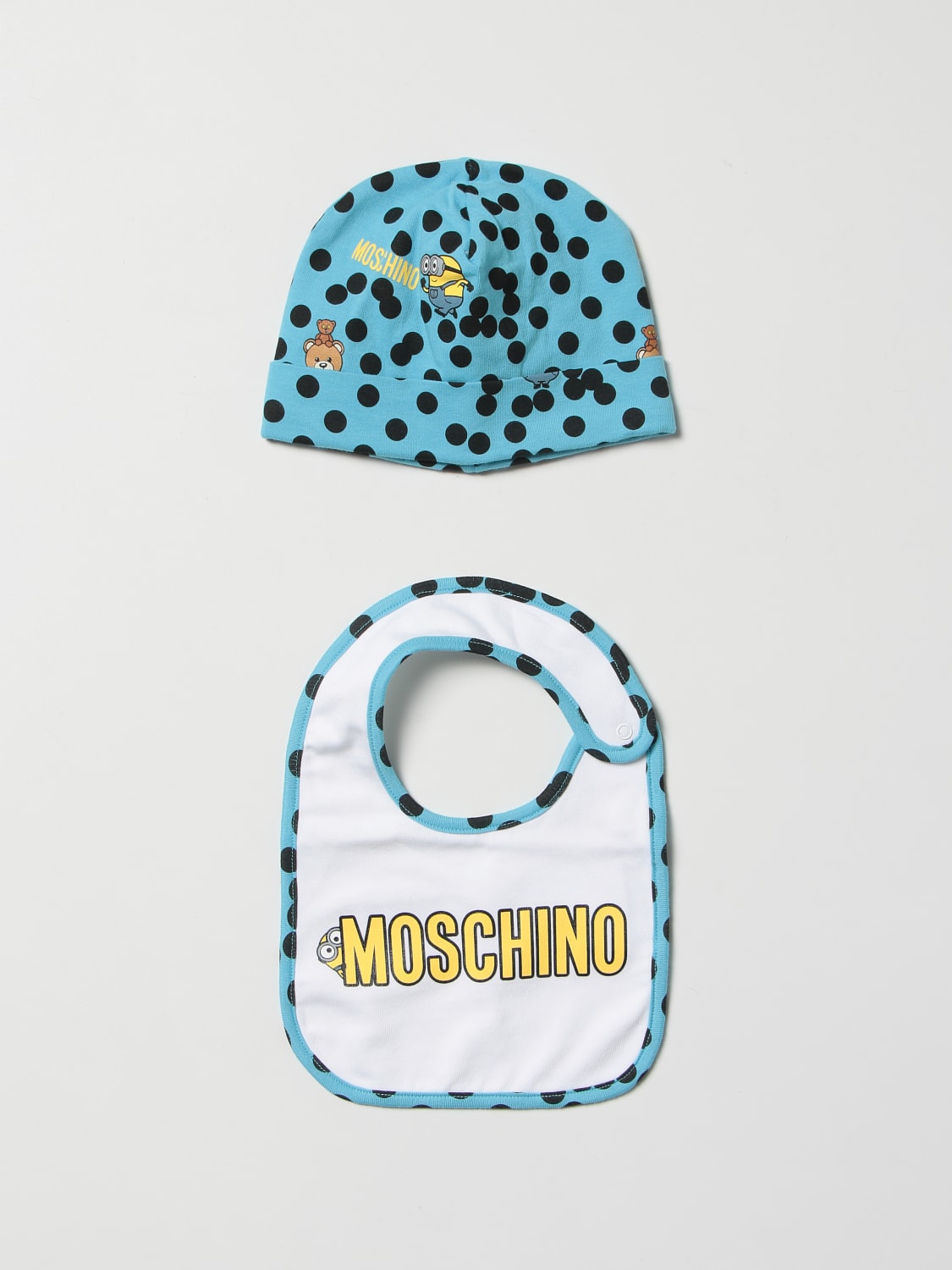 MOSCHINO COMBINATO: Set cappello + bavaglino Moschino Baby in cotone, Azzurro - Img 1