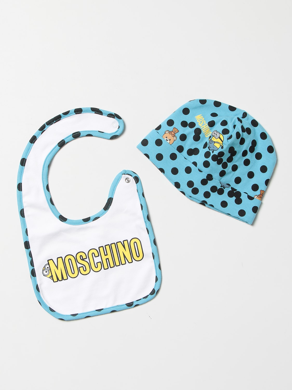 MOSCHINO COMBINATO: Set cappello + bavaglino Moschino Baby in cotone, Azzurro - Img 2