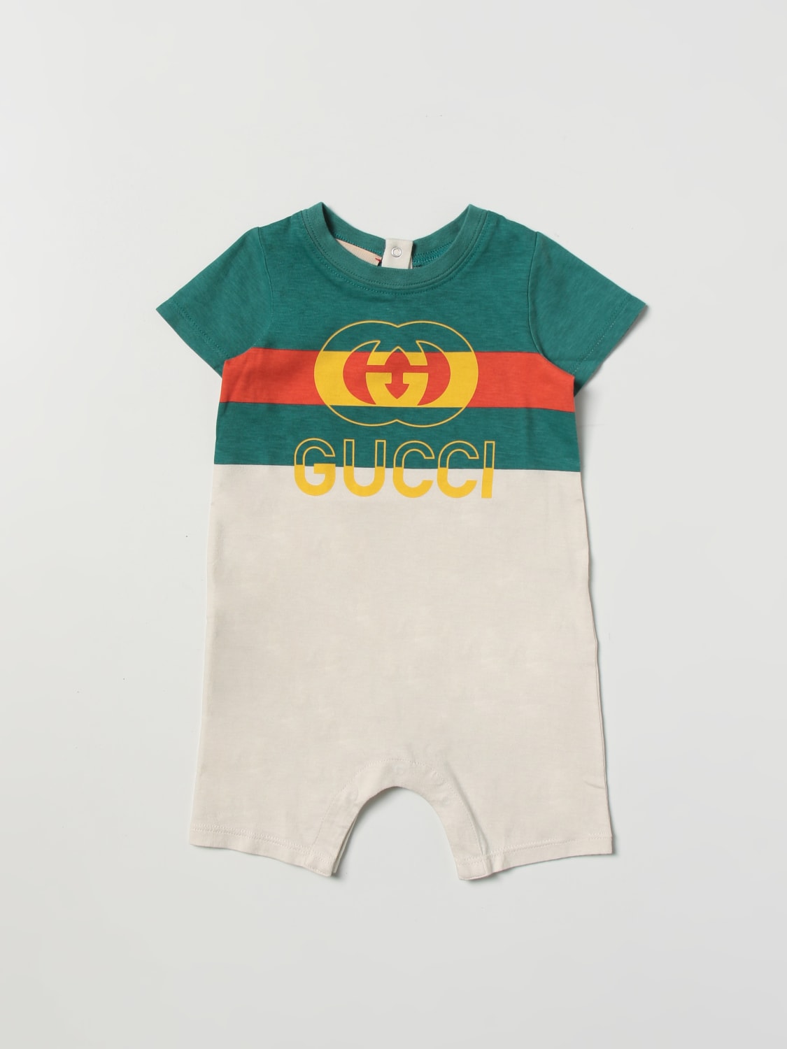 GUCCI baby cotton romper with GG monogram print Green Gucci tracksuits 722394XJEY7 online at GIGLIO.COM