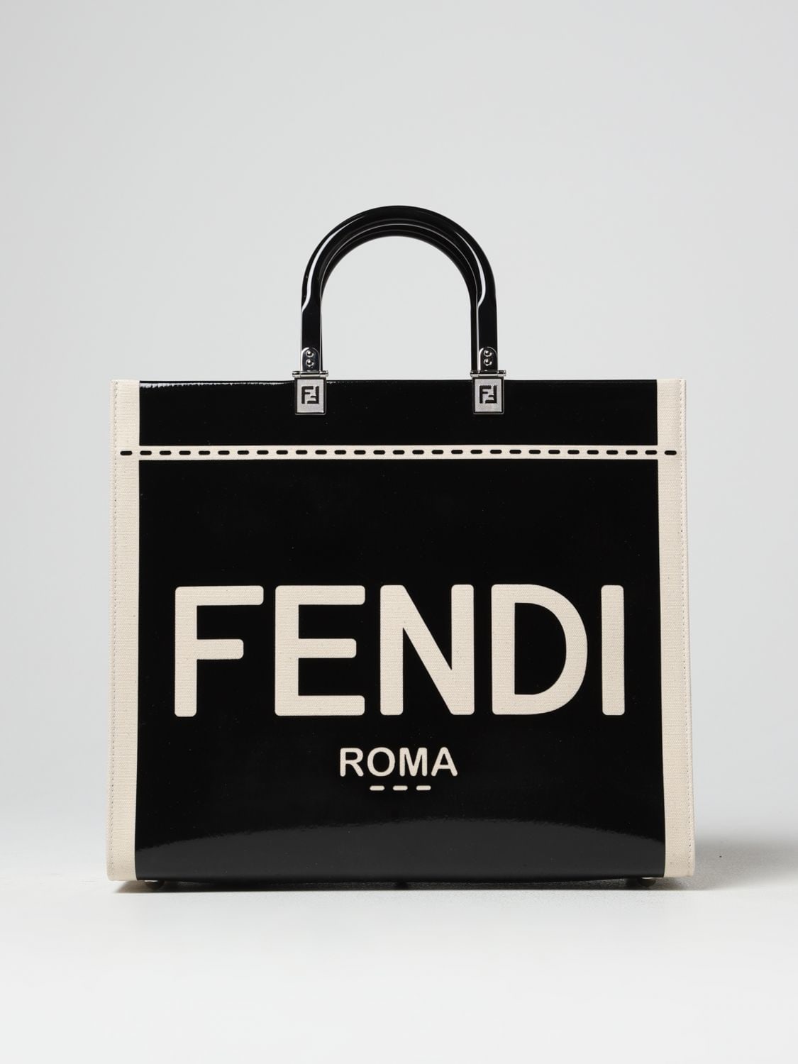 FENDI Sunshine bag in canvas and patent leather Black Fendi tote bags 8BH386ANT7 online at GIGLIO.COM