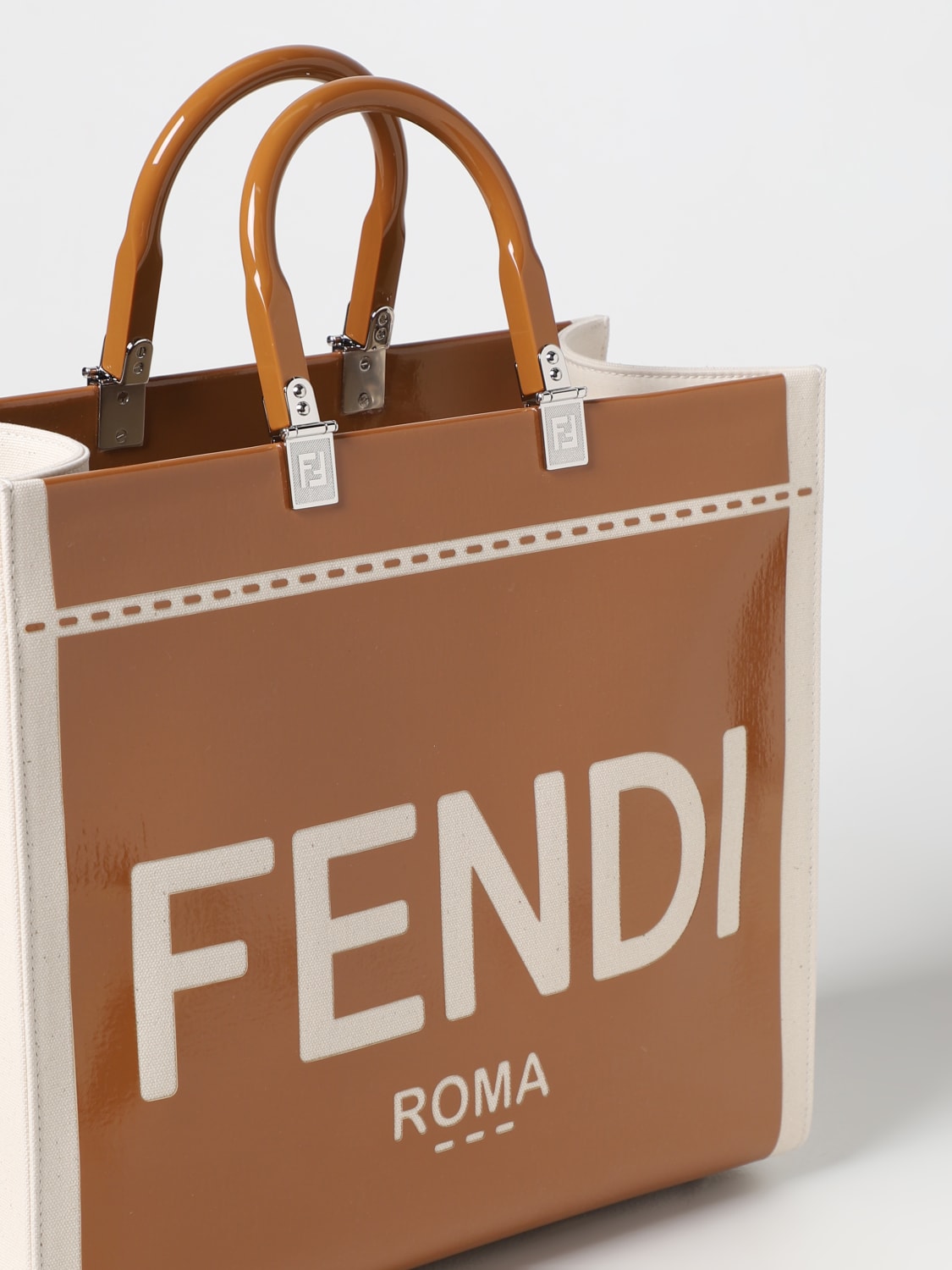 FENDI TOTE BAGS: Fendi Sunshine bag in canvas and patent leather, Leather - Img 3