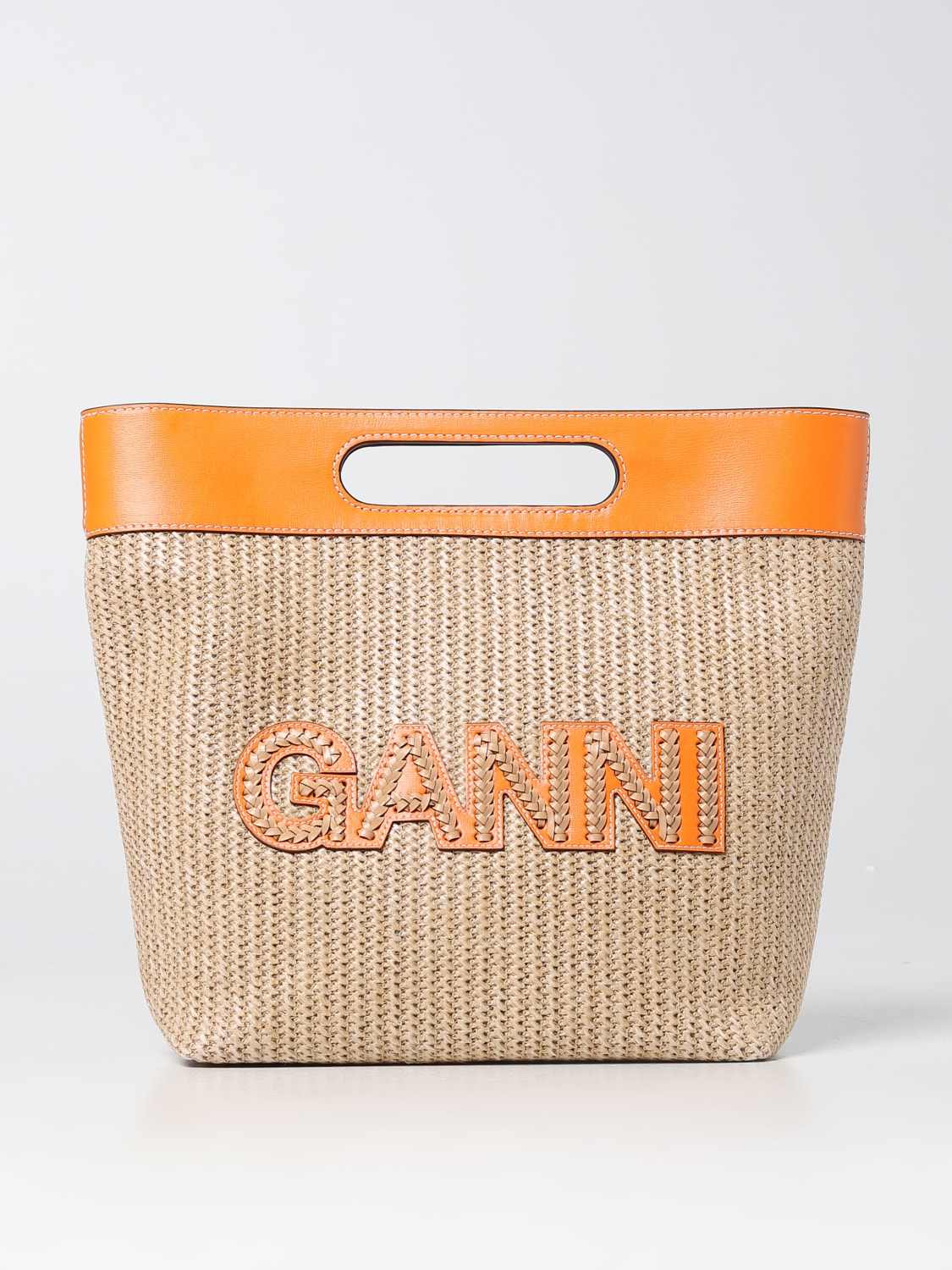 GANNI HANDBAG: Ganni bag in raffia and recycled leather, Beige - Img 1