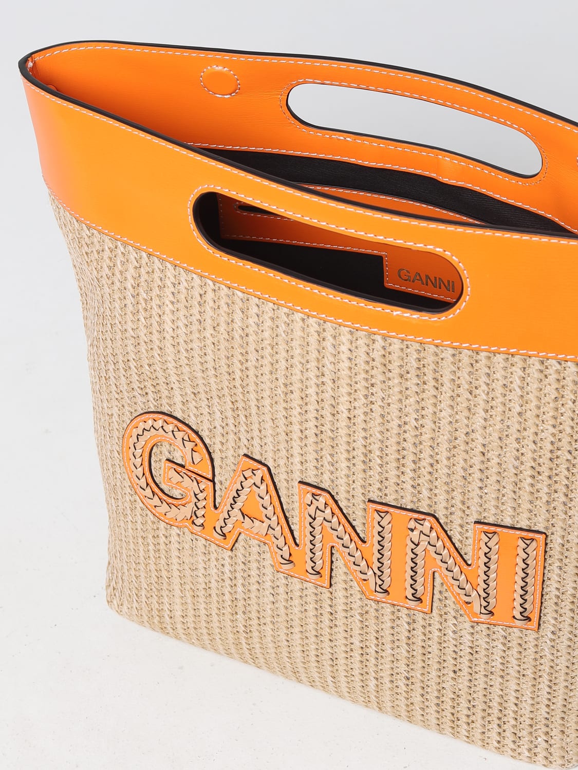 GANNI HANDBAG: Ganni bag in raffia and recycled leather, Beige - Img 3