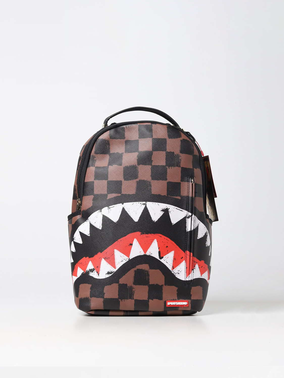 sprayground skull check brown leather backpack