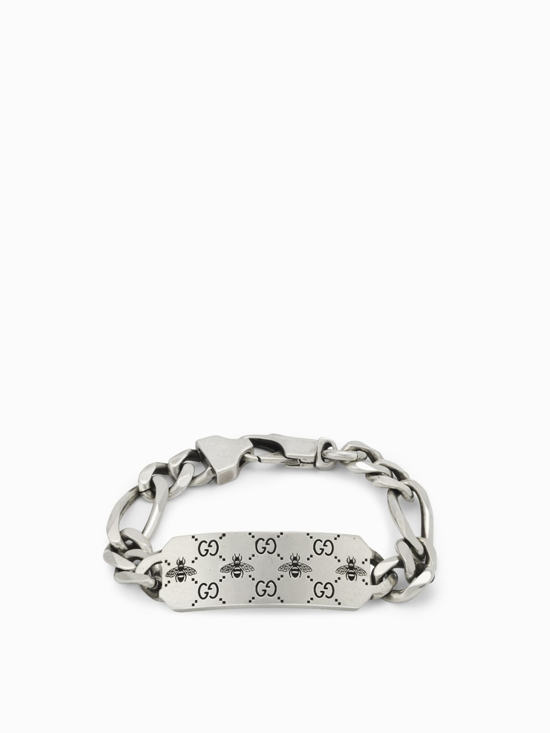 GUCCI GIOIELLI: Bracciale Signature Gucci in argento con incisione ape e monogramm GG, Argento - Img 1