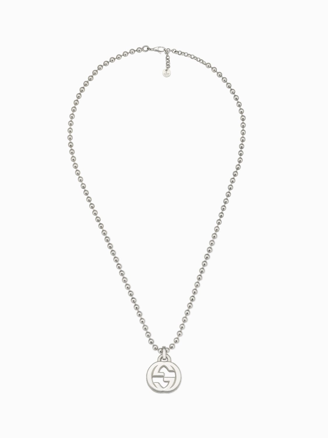 GUCCI GIOIELLI: Collana Interloking Gucci in argento con pendente GG e catena a pallini, Argento - Img 1