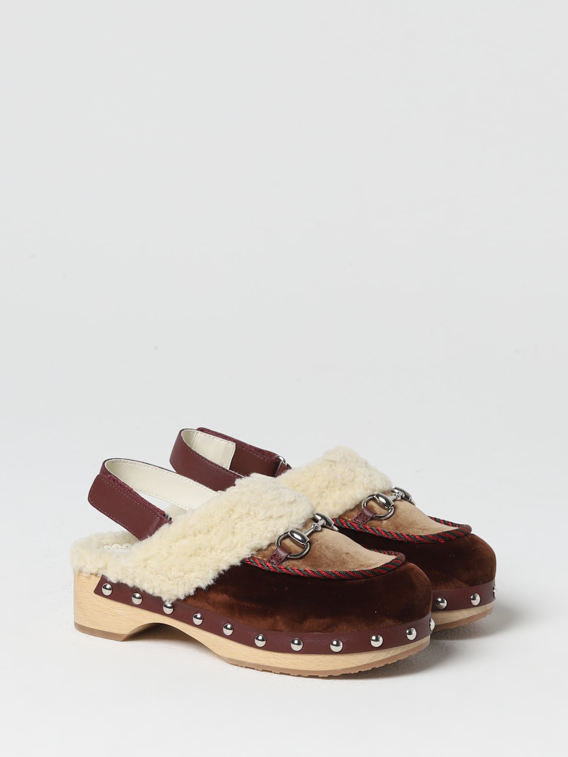 GUCCI SHOES: Gucci clog in velvet and wool with horsebit, Beige - Img 2