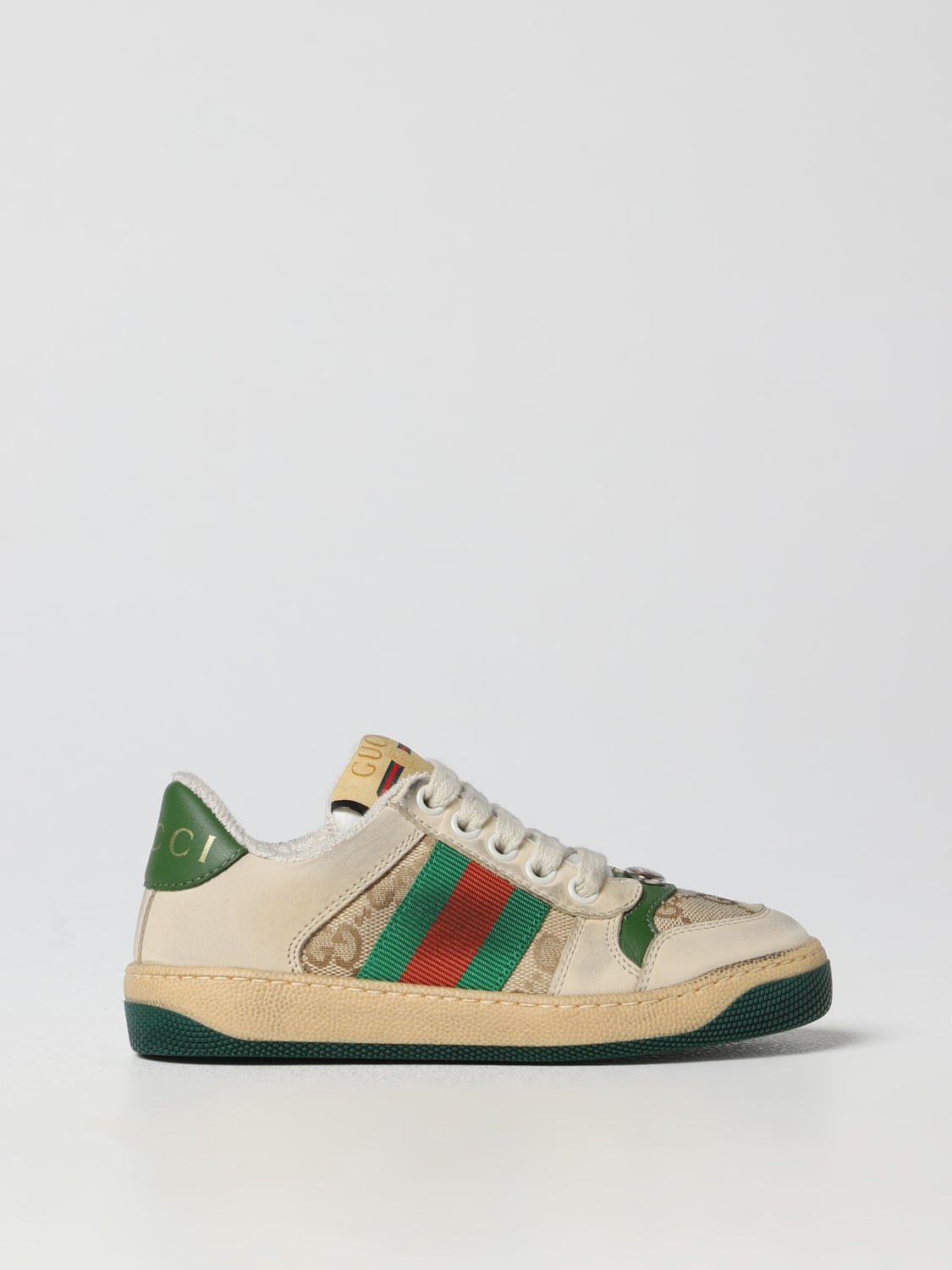 GUCCI: sneakers in used nubuck and fabric with GG jacquard 