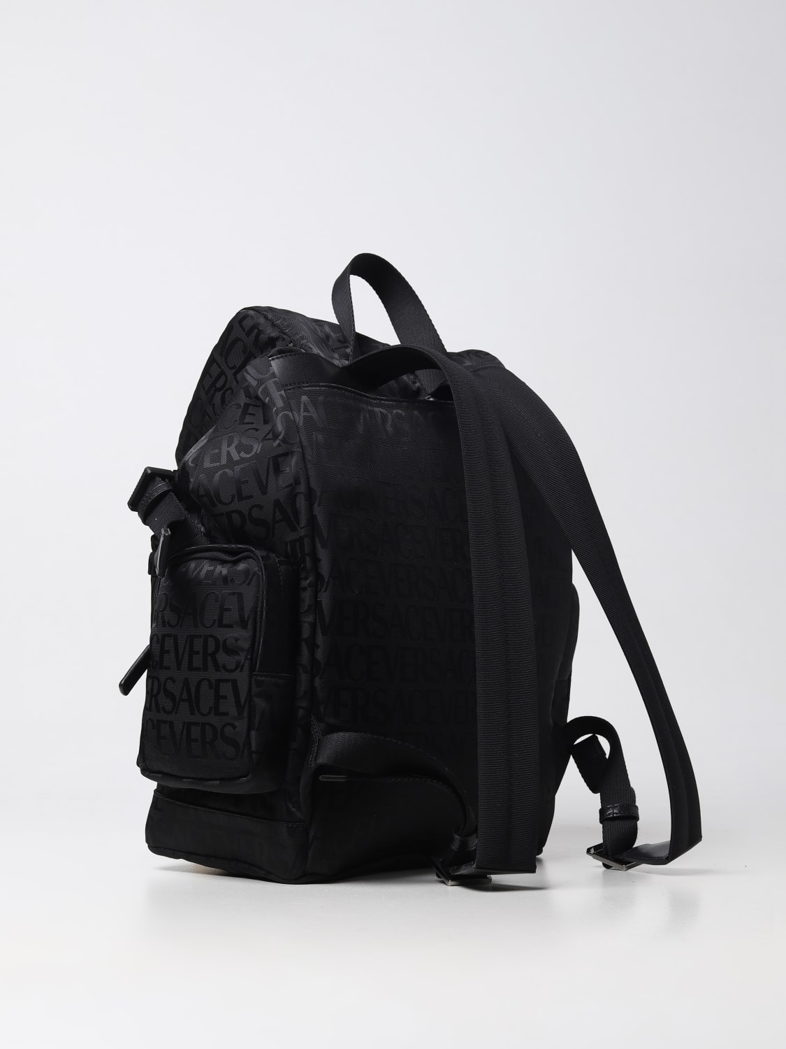 VERSACE BACKPACK: Versace Allover backpack in nylon with jacquard logo pattern, Black - Img 2