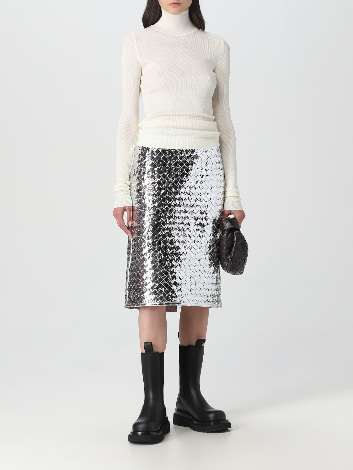 BOTTEGA VENETA SKIRT: Bottega Veneta skirt in lambskin, Silver - Img 2