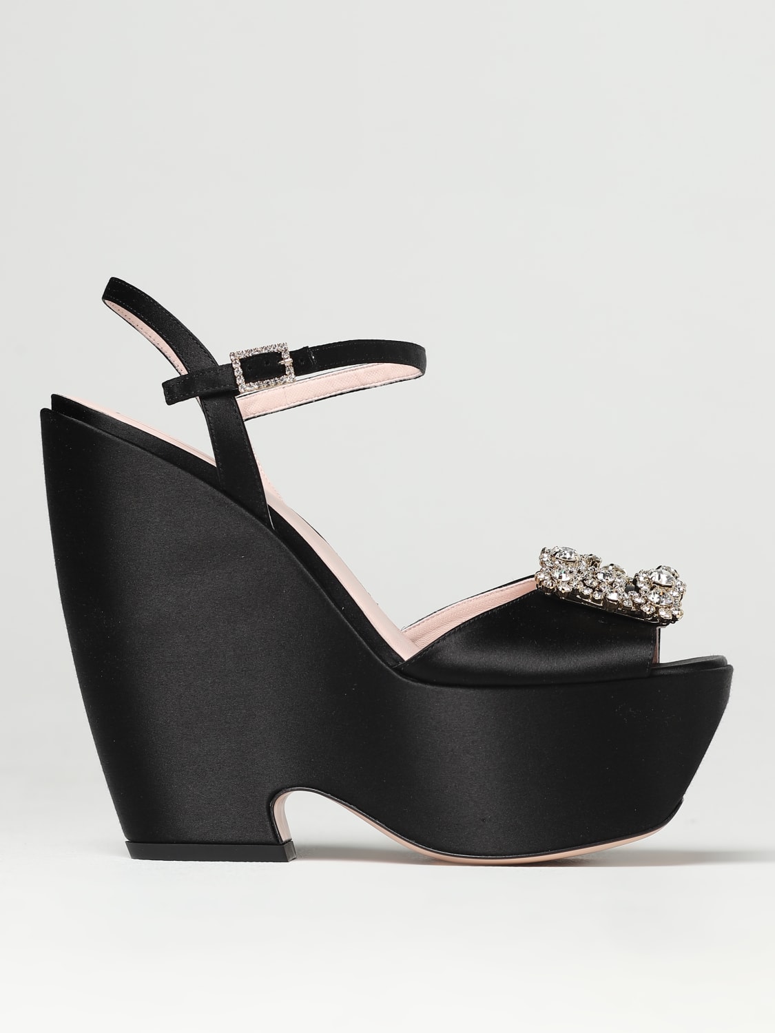 ROGER VIVIER SCARPE CON ZEPPA: Sandalo con zeppa Choc Flower Strass Roger Vivier in raso di misto seta, Nero - Img 1