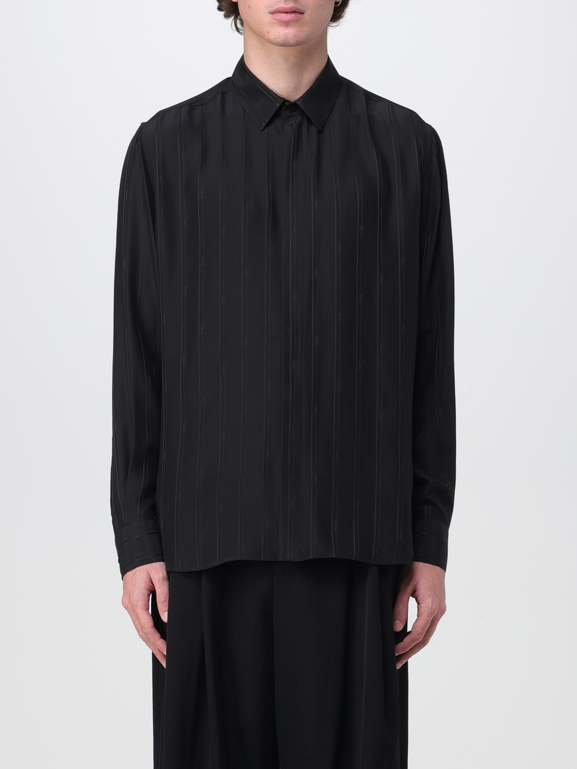 SAINT LAURENT SHIRT: Saint Laurent pinstripe shirt in organic silk, Black - Img 1