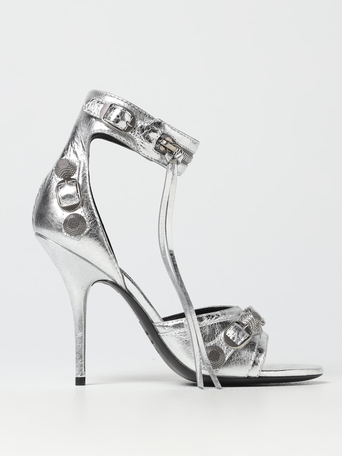 BALENCIAGA HEELED SANDALS: Balenciaga Le Cagole sandals in tumbled leather, Silver - Img 1