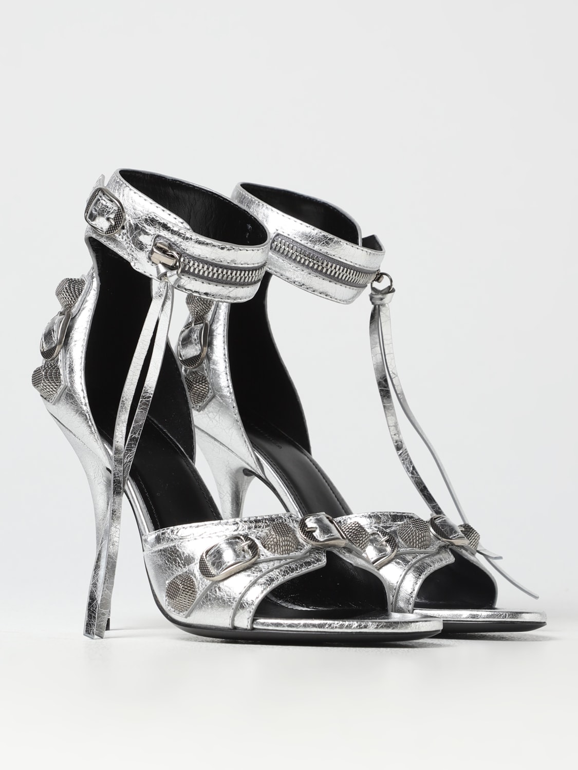 BALENCIAGA HEELED SANDALS: Balenciaga Le Cagole sandals in tumbled leather, Silver - Img 2