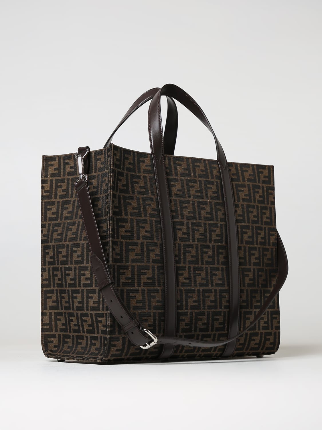 FENDI BORSA A TRACOLLA: Borsa Shopper Fendi in tessuto con monogram FF jacquard, Tabacco - Img 2