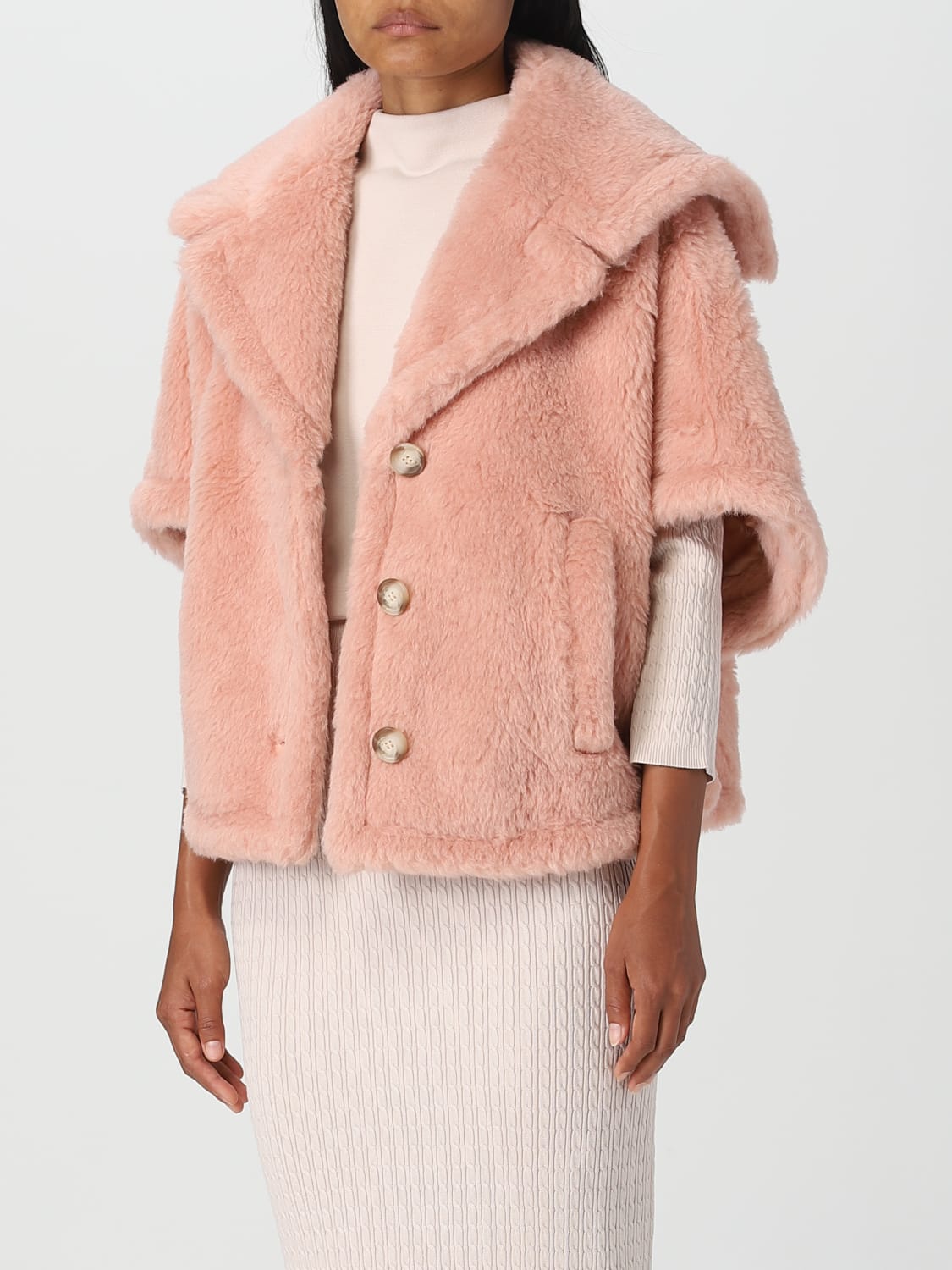 MAX MARA: cape in camel and wool teddy - Sand