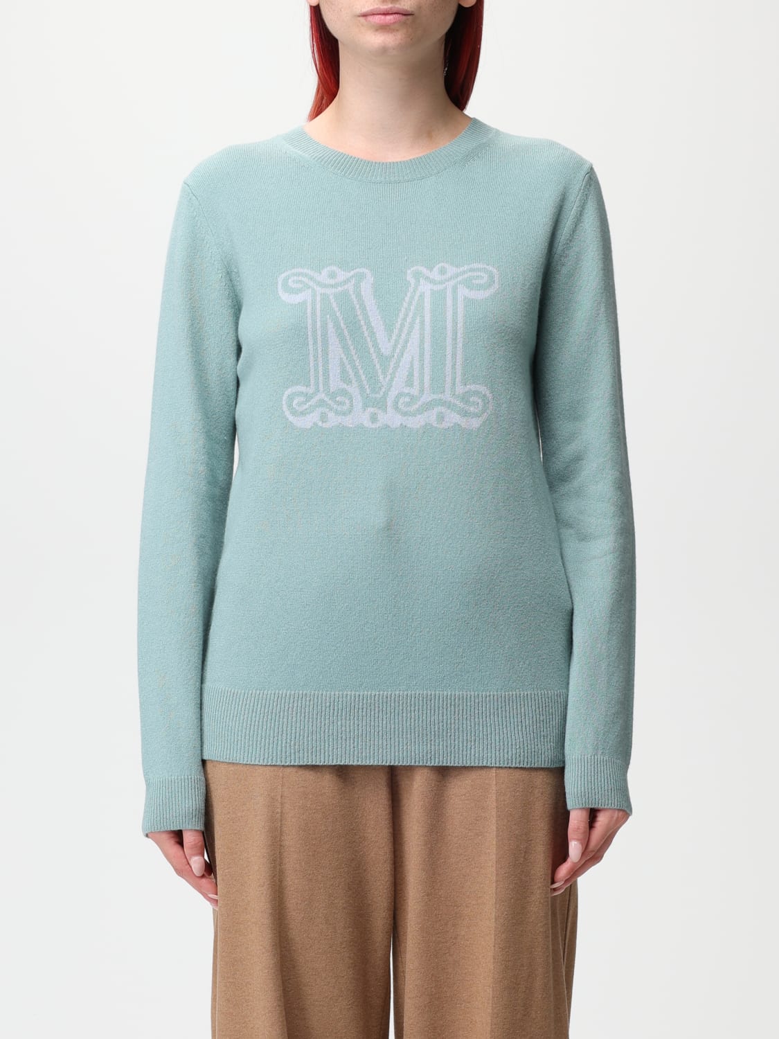 MAX MARA SWEATER: Max Mara cashmere sweater with jacquard monogram, Sage - Img 1