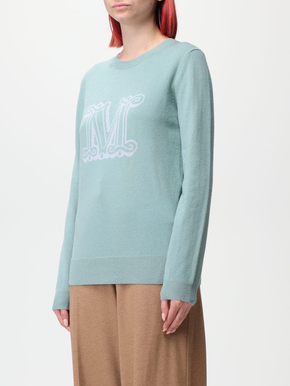 MAX MARA SWEATER: Max Mara cashmere sweater with jacquard monogram, Sage - Img 4