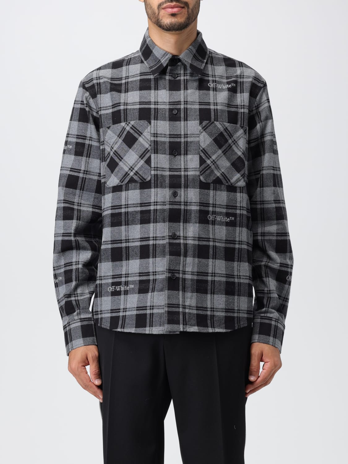 OFF-WHITE SHIRT: Off-white shirt in cotton flannel, Grey - Img 1