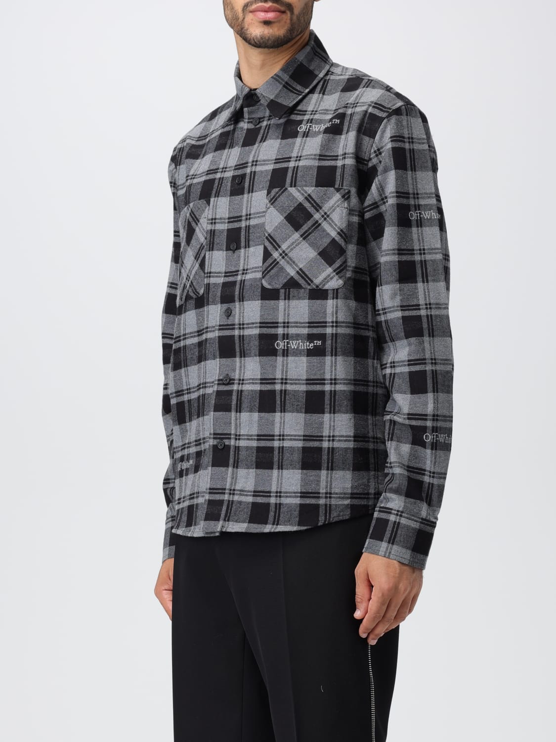 OFF-WHITE SHIRT: Off-white shirt in cotton flannel, Grey - Img 4