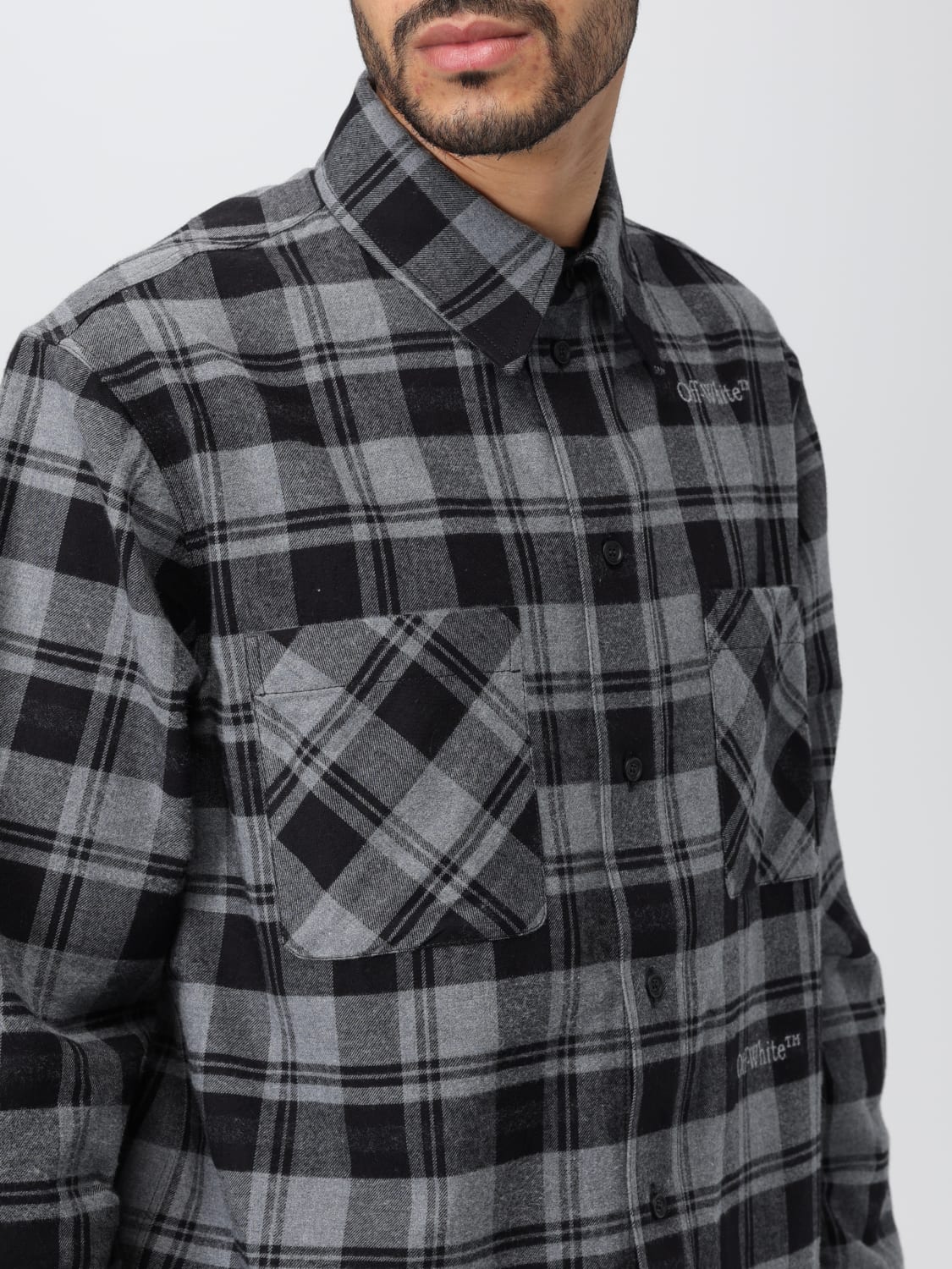 OFF-WHITE SHIRT: Off-white shirt in cotton flannel, Grey - Img 5