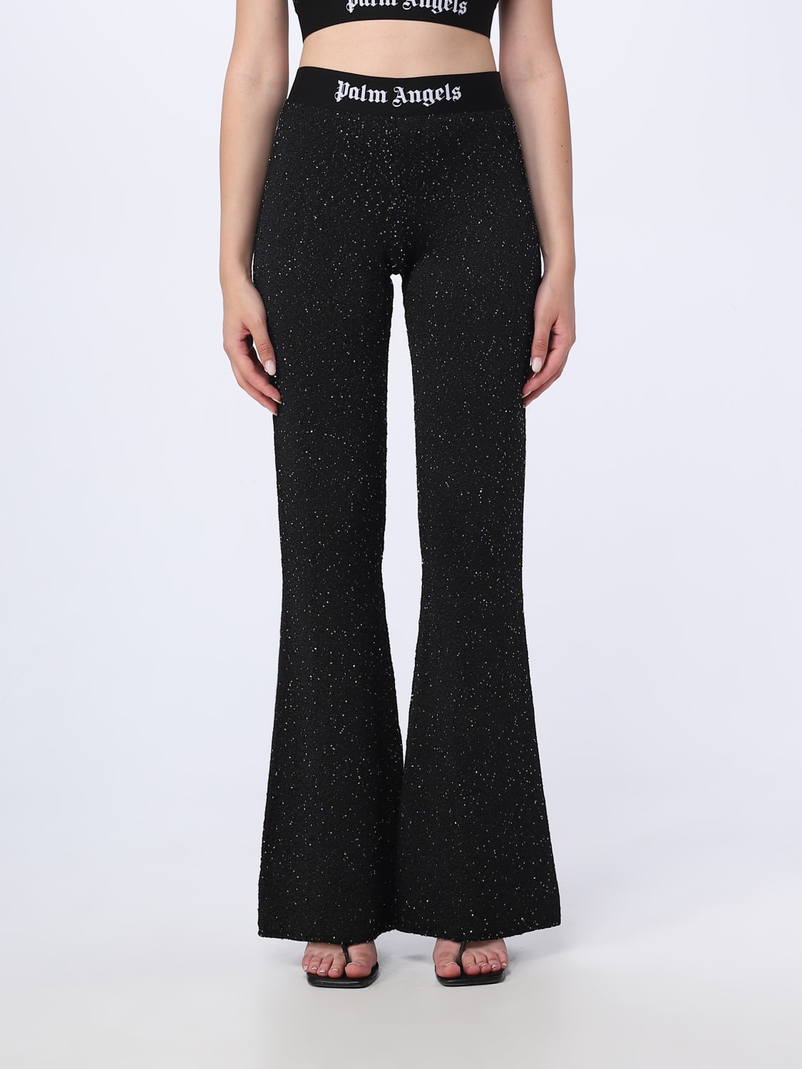 PALM ANGELS PANTS: Palm Angels trousers in stretch fabric with sequins, Black - Img 1