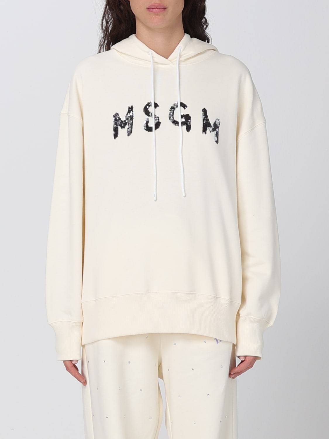 MSGM SWEATSHIRT: MSGM cotton sweatshirt with sequined logo, Cream - Img 1