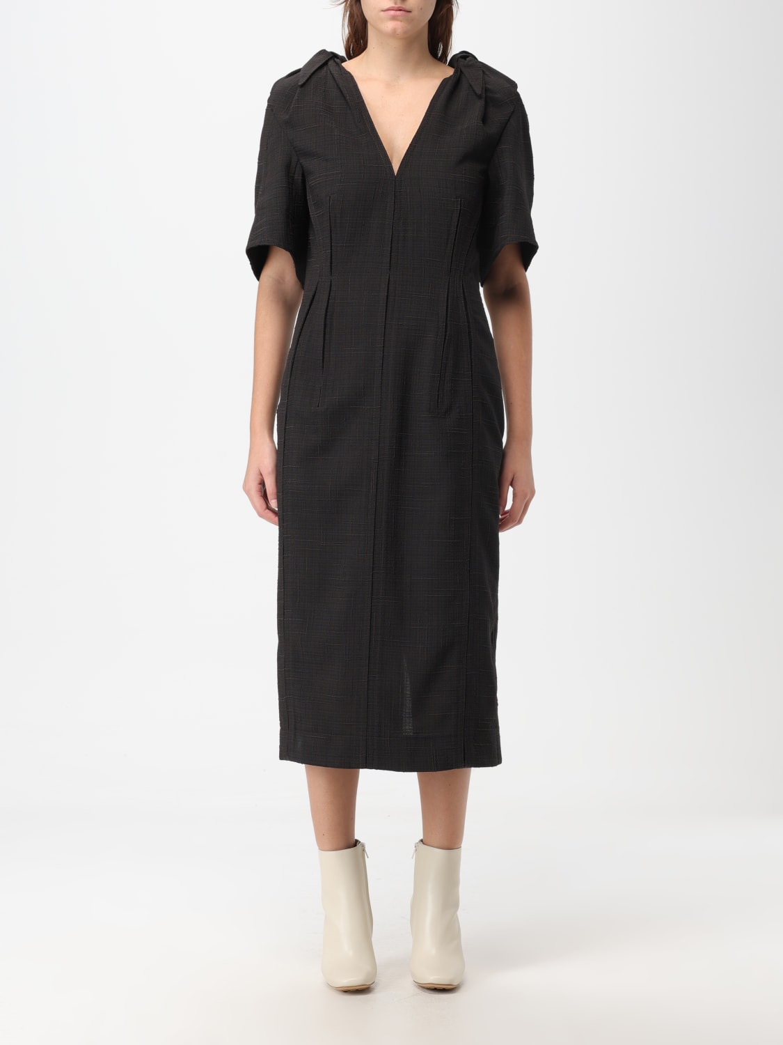 BOTTEGA VENETA DRESS: Bottega Veneta dress in checkered wool blend, Coffee - Img 1