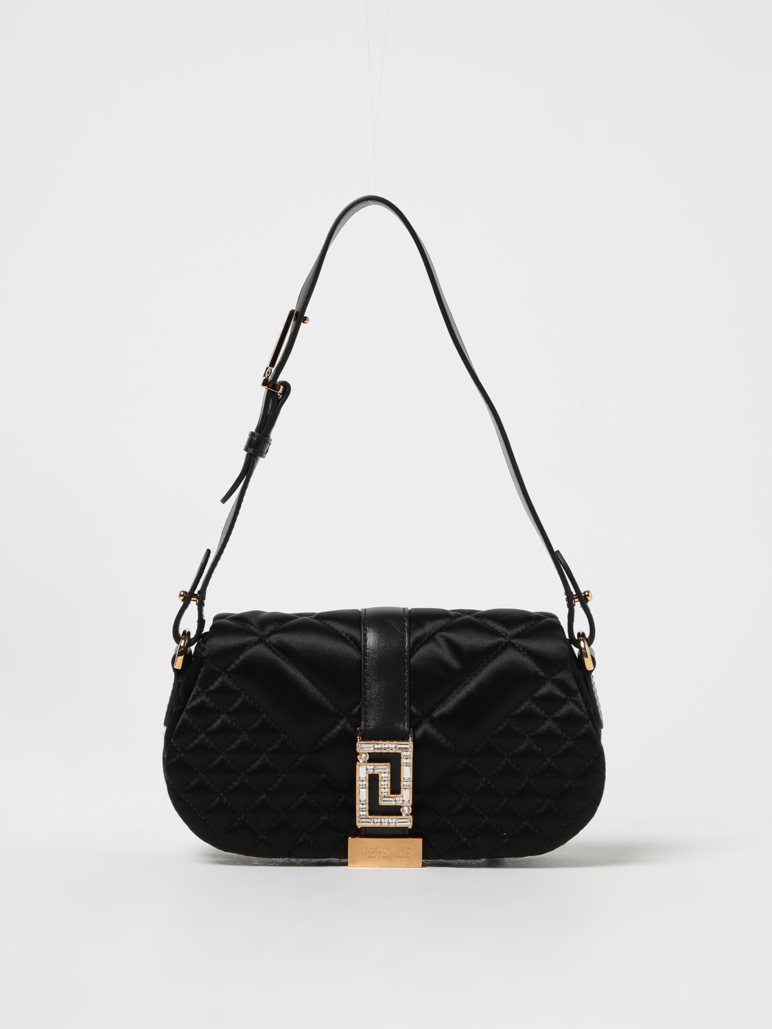 VERSACE BORSA MINI: Borsa Greca Goddess Versace in raso matelassé, Nero - Img 1