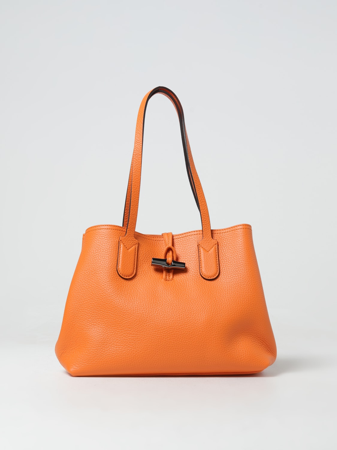 LONGCHAMP BORSA A SPALLA: Borsa Roseau Essential Longchamp in pelle a grana con logo, Arancione - Img 1