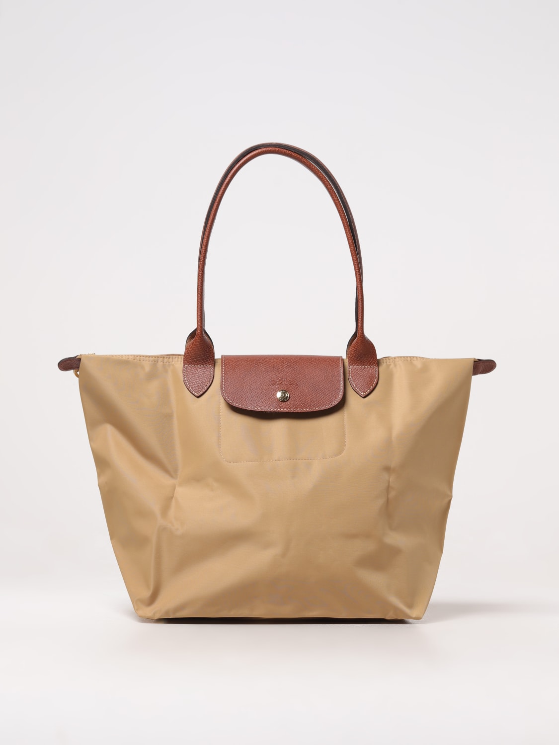 LONGCHAMP BORSA A SPALLA: Borsa Le Pliage Original L Longchamp in nylon riciclato e pelle, Cammello - Img 1