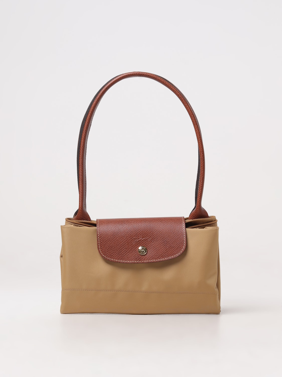 LONGCHAMP BORSA A SPALLA: Borsa Le Pliage Original L Longchamp in nylon riciclato e pelle, Cammello - Img 4