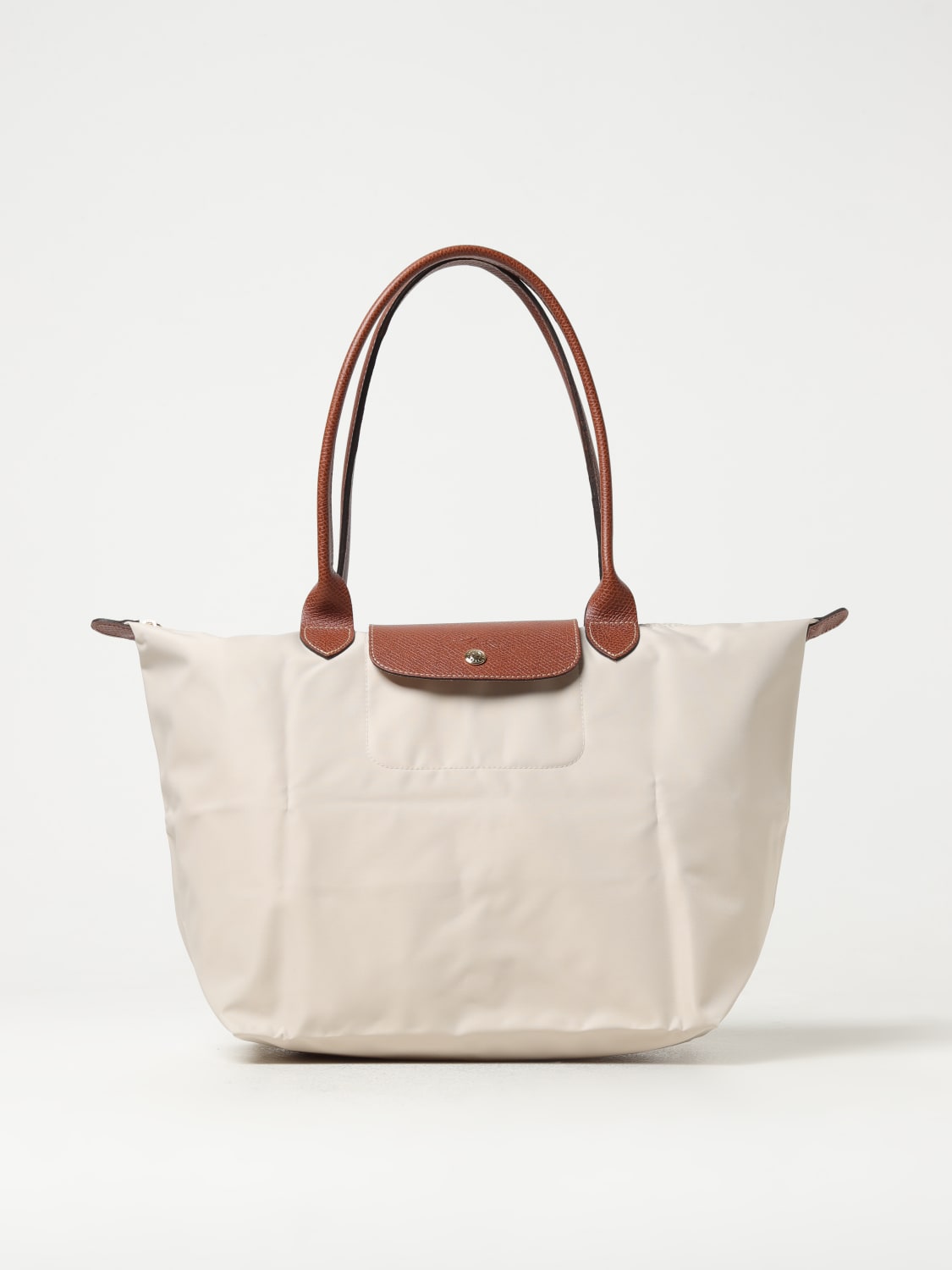 LONGCHAMP BORSA A SPALLA: Borsa Le Pliage Original L Longchamp in nylon riciclato e pelle, Panna - Img 1