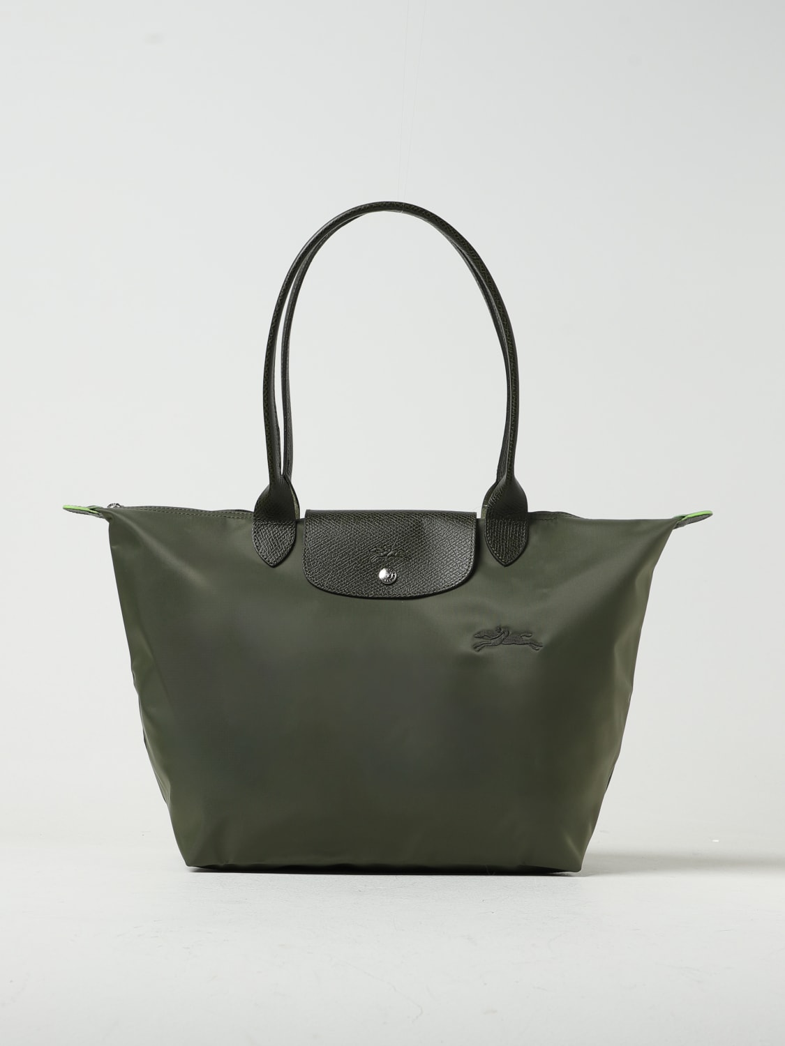 LONGCHAMP BORSA A SPALLA: Borsa Le Pliage Green L Longchamp in nylon riciclato e pelle, Verde - Img 1