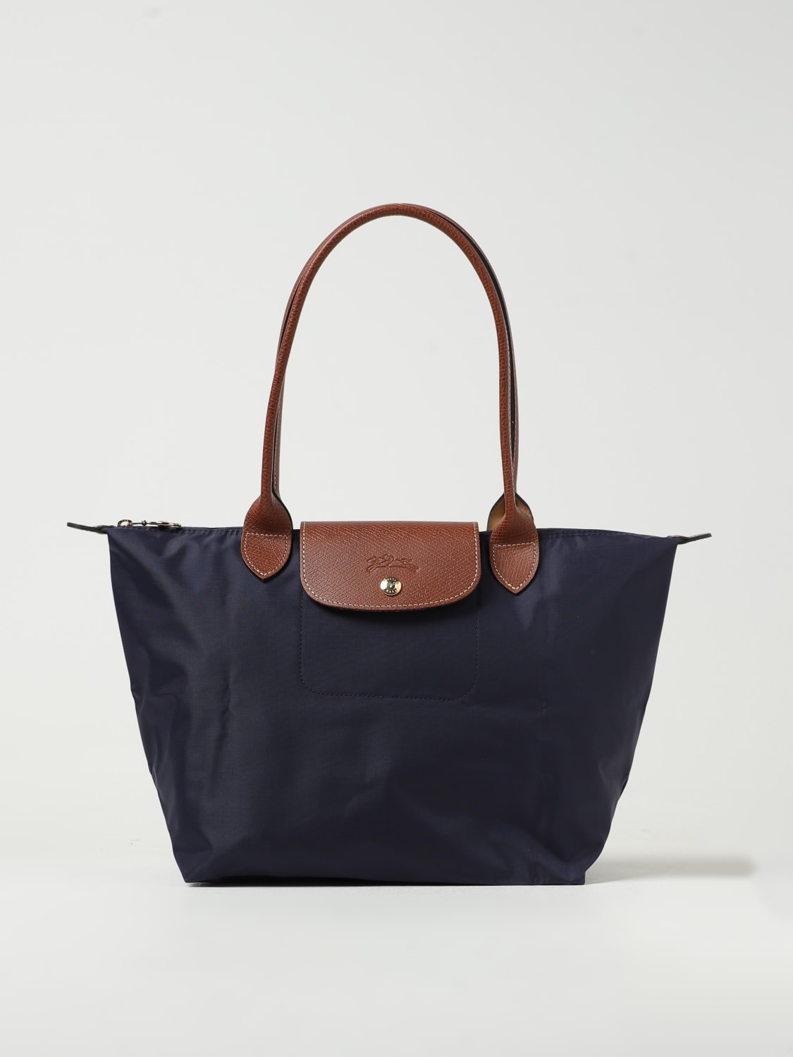 LONGCHAMP BORSA A SPALLA: Borsa Le Pliage Original M Longchamp in nylon e pelle a grana, Blue Navy - Img 1