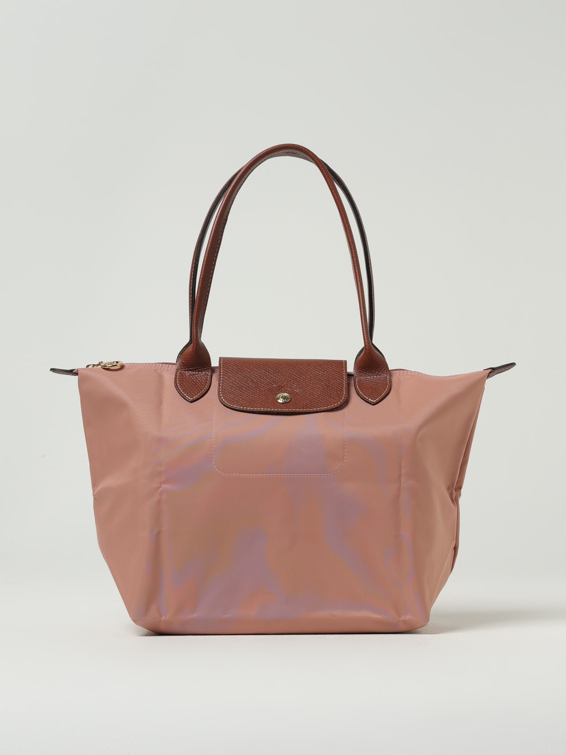 LONGCHAMP SHOULDER BAG: Longchamp Le Pliage bag in nylon and grained leather, Blush Pink - Img 1