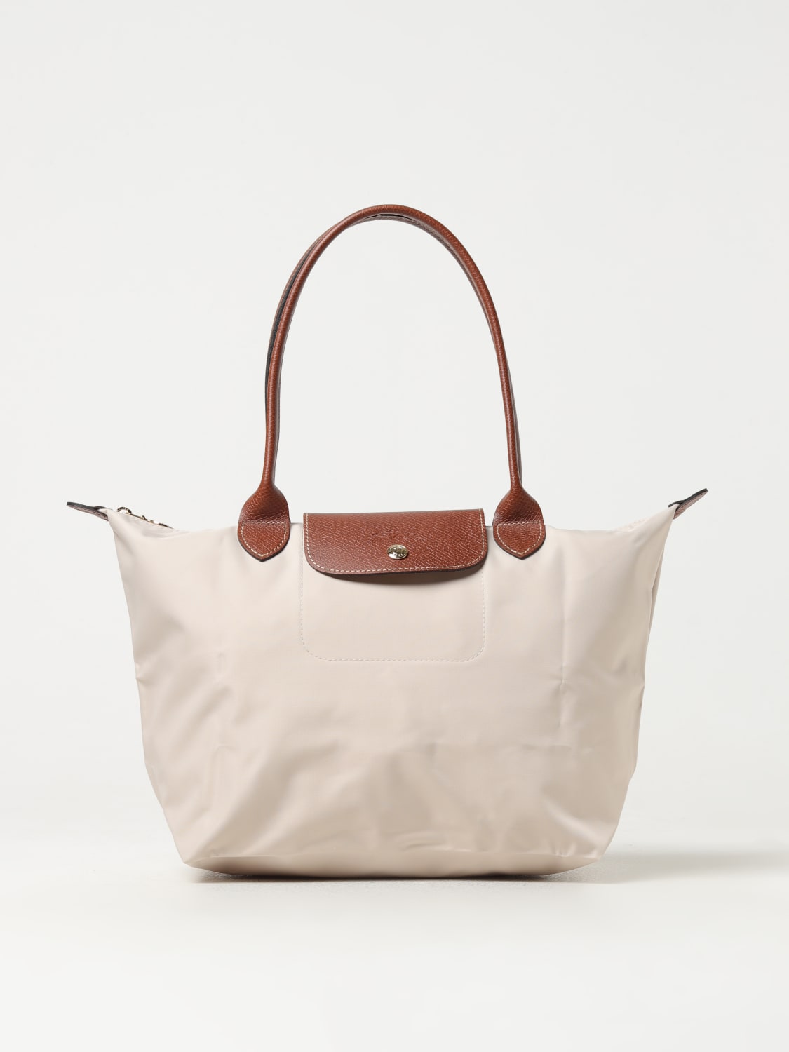 LONGCHAMP BORSA A SPALLA: Borsa Le Pliage Original M Longchamp in nylon e pelle a grana, Panna - Img 1